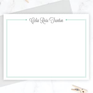 Personalized Stationery Set | Stationary Set for Women | Professional Stationary Flat Note Cards | Simple Minimal Mint Border Gift Idea 0046