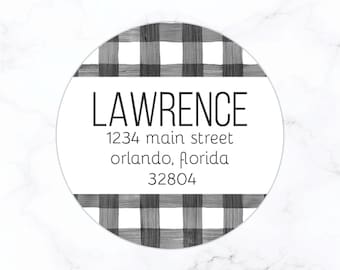 Buffalo Check Return Address Labels | Round 2" Circle Address Label Stickers | Glossy or Matte Black and White Buffalo Plaid Preppy 0010