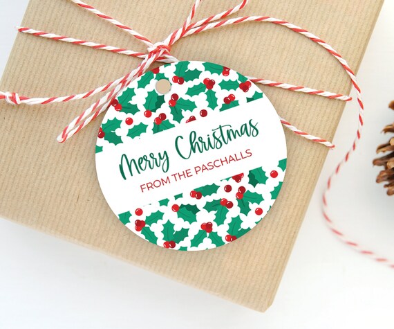 Personalized Christmas Gift Tag Holly Berries 3 Round Christmas Gift Tag  Round Holiday Gift Tag Gift Tags Circle Family Wrapping 