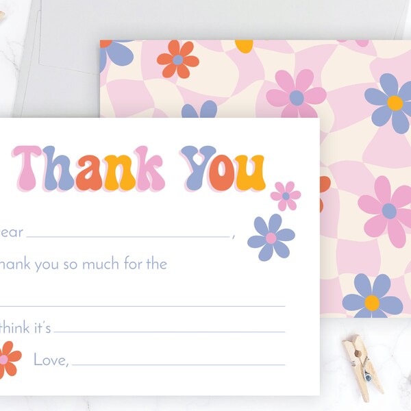 Kids Fill-in-the-Blank Thank You Cards | Retro Flower Girls Fillable Thank You Notes | Checkered Pink Floral Kids Stationery Stationary