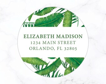 Banana Leaf Return Address Labels | Personalized Round Address Label Stickers | 2 Inch Round Circle | Tropical Palm Leaves Stationary Set