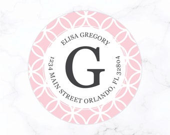 Round Return Address Labels | 2 Inch Circle Round Address Labels | Pink Monogram Monogrammed Stationary Set for Women | Matching Note Cards