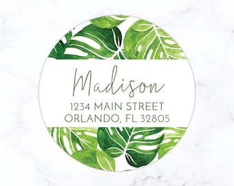 Monstera Return Address Labels | 2 Inch Round Circle Address Labels | Personalized Tropical Palm Print Address Labels | Matching Label Sets