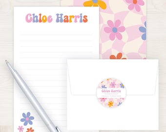 Kids Letter Writing Set | Retro Flower Pink Checkered Girls Stationery Set | Pen Pal Set for Girls | Personalized Girls Stationary Custom