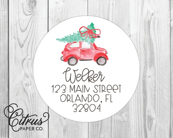 christmas return address red truck label sticker holiday round etsy