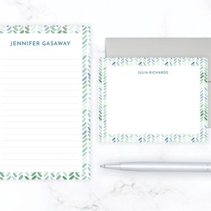 2 Piece Gift Set | Stationery Gift Set | Stationary Gift Set for Women | Blue Herringbone Stationary Personalized Note Card Notepad Gift