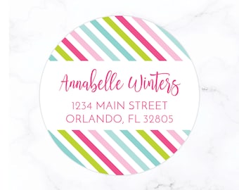 Striped Return Address Labels | Personalized Round Return Address Label Stickers | 2 Inch Round 2 Inch Circle | Personalized Stationary Set