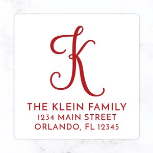 Monogram Christmas Square Return Address Label | Personalized Holiday Envelope Sticker | Large 2&quot; Back of Envelope | Red Script Monogrammed