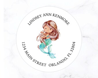 Mermaid Return Address Label | Mermaid Personalized Round Address Label | 2 Inch Circle 2 Inch Round | Address Labels for Girls | Brunette