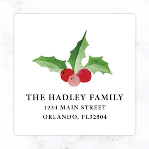 Holly Berries Christmas Square Return Address Label | Personalized Holiday Envelope Sticker | Large 2" Back of Envelope Red Berry Holly