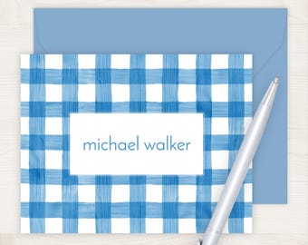 Blue Gingham Watercolor Note Cards | Kids Personalized Stationery Set | Customized Folding Thank You Cards