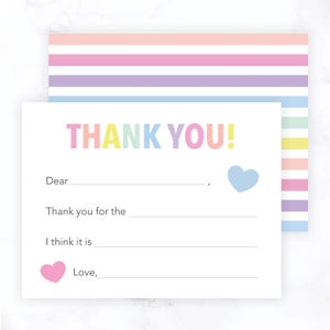 Kids Fill In the Blank Thank You Cards | Kids Thank You Notes | Girls Fill In The Blank Cards | Pastel Rainbow Stripes Note Cards 175