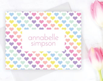 Rainbow Hearts Stationery Set | Personalized Stationary Set for Girls Pastel Hearts Rainbow Folding Note Cards | Girls Thank You Cards