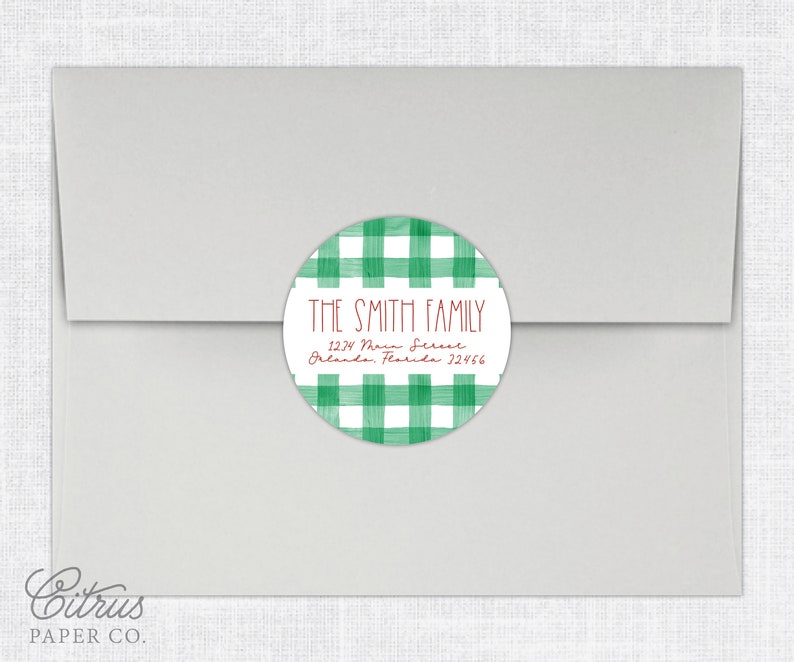 Green Buffalo Check Round Christmas Return Address Label Stickers Circle Labels Watercolor Personalized Holiday Return Address Stickers