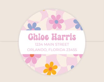 Retro Flower Return Address Label | Girls Pastel Flower Round Return Address Label | Pink Checkered Circle Sticker Envelope Seals