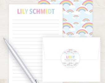 Kids Letter Writing Set | Girls Stationery Pastel Rainbow | Girl Camp Letter Lined Paper | Rainbow Lined Stationary  | Pen Pal Set for Girl