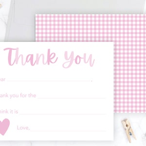 Kids Fill in the Blank Thank You Cards | Pink Gingham Thank You Cards Practice Thank you Notes | Pink Preppy Stationery For Girls Stationary