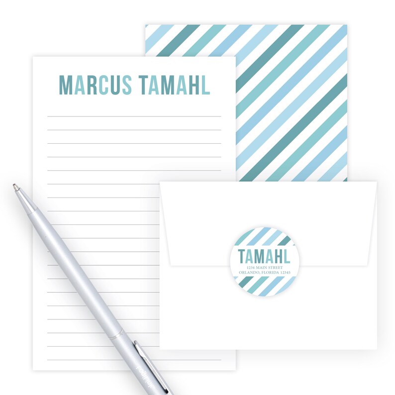 Kids Letter Writing Set | Kids Stationery Set | Boys Stationary Set | Blue Stripe Green Lined Paper for Boy | Camp Letters Pen Pal Set image 2