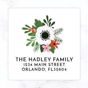 Floral Christmas Square Return Address Label | Personalized Holiday Envelope Sticker | Large 2&quot; Back of Envelope Christmas Floral Pattern