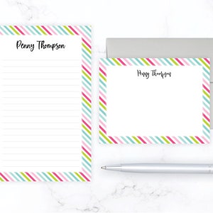 2 Piece Gift Set | Stationery Gift Set | Stationary Gift Set for Women | Bright Colorful Rainbow Stripe Personalized Note Card Notepad Gift