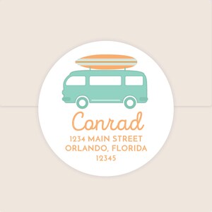 Surfer Baby Return Address Labels | 2 Inch Round Address Stickers | Matching Baby Boy Stationery Surf Coastal Ocean Beach Waves Blue Orange