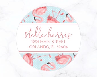 Flamingo Round Return Address Labels | Round Address Stickers | Personalized Flamingo Stationery Set | Flamingo Palm Beach Preppy Pink Blue