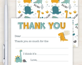 Kids Dinosaur Fill In the Blank Thank You Cards  | Boys Stationery | Thank You Notes for Kids