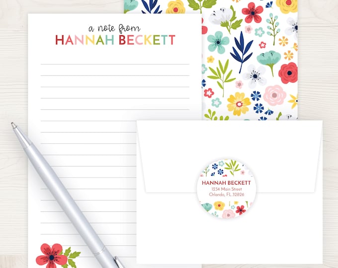 Kids Letter Writing Set | Girls Lined Stationery Paper Floral Print | Camp Letter Lined Stationary | Colorful Lined Pen Pal Set for Kids