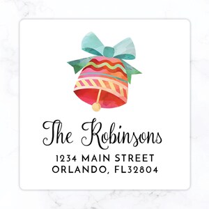 Christmas Square Return Address Labels | Square Holiday Envelope Label Stickers | Large 2&quot; Back of Envelopes Personalized | Glossy Bell