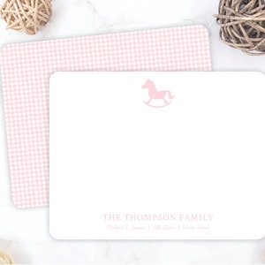 Baby Girl Flat Note Cards | Personalized Baby Shower Thank You Cards | Pink Gingham Preppy | Baby Shower Thank you Note | Rocking Horse
