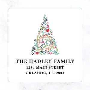 Christmas Tree Square Return Address Label | Personalized Holiday Envelope Sticker | Large 2" Back of Envelope | Watercolor Floral Tree