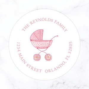 Baby Girl Round Return Address Labels | Baby Shower Thank You Personalized Stationery Address Label Stickers | Pink Pram Stroller Watercolor