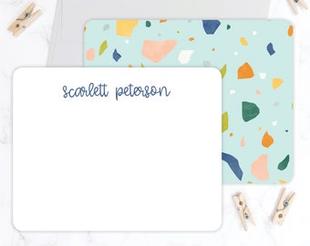Personalized Kids Stationery Set | Blue Terrazzo Girls Stationary | Girl Stationery | Flat Note Cards Thank You Cards for Kids Stationary
