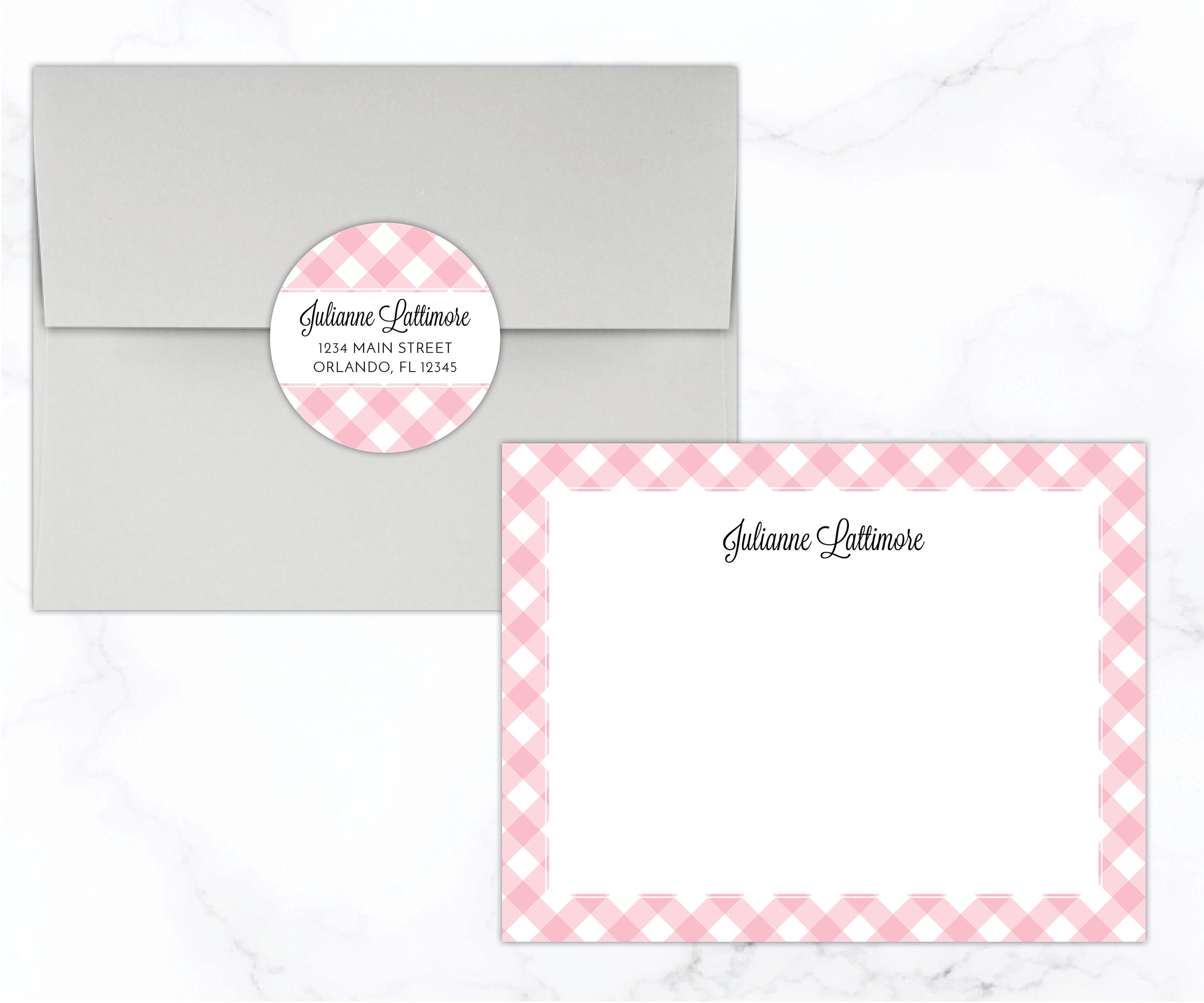 Gingham Stationery Set Hot Pink Gingham Stationary Set for Girls Preppy  Personalized Gift Idea Stationary for Women Flat Note Cards 