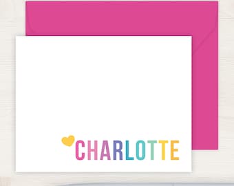 Bright and Colorful Kids Stationery Set | Kids Stationary Set for Girls | Rainbow Personalized Flat Note Cards | Thank You Cards Charlotte