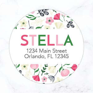 Floral Return Address Labels | Pink Green Flowers Round Address Label Stickers | Colorful Personalized 2 Inch Circle Labels Stationary Set