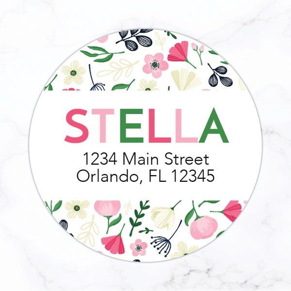 Floral Return Address Labels | Pink Green Flowers Round Address Label Stickers | Colorful Personalized 2 Inch Circle Labels Stationary Set