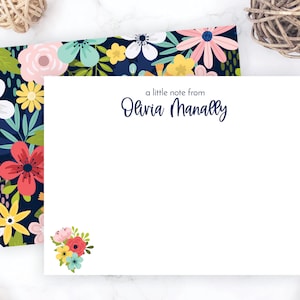 Floral Personalized Stationery | Bold Floral Flat Note Cards for Women | Pink Stationary | Girls Thank You Cards | Flat Notecards Bold Fun