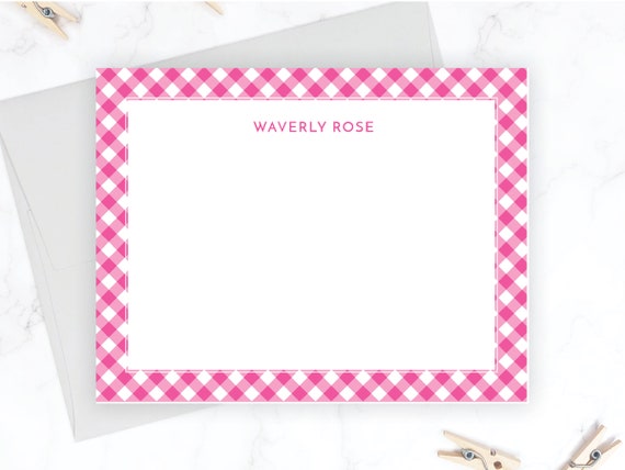 Gingham Stationery Set Hot Pink Gingham Stationary Set for Girls Preppy  Personalized Gift Idea Stationary for Women Flat Note Cards 