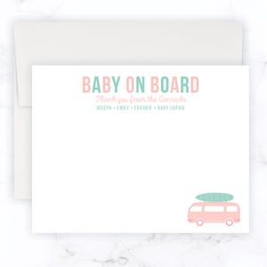 Surf Van Baby Stationery Set | Baby on Board Stationary | Pink Surfboard Surfing Baby Shower Thank you Notes | Flat Thank You Cards Girl 182