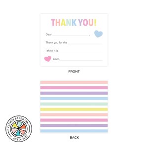 a colorful thank you card with a heart symbol, a striped background, and a logo for Citrus Paper.