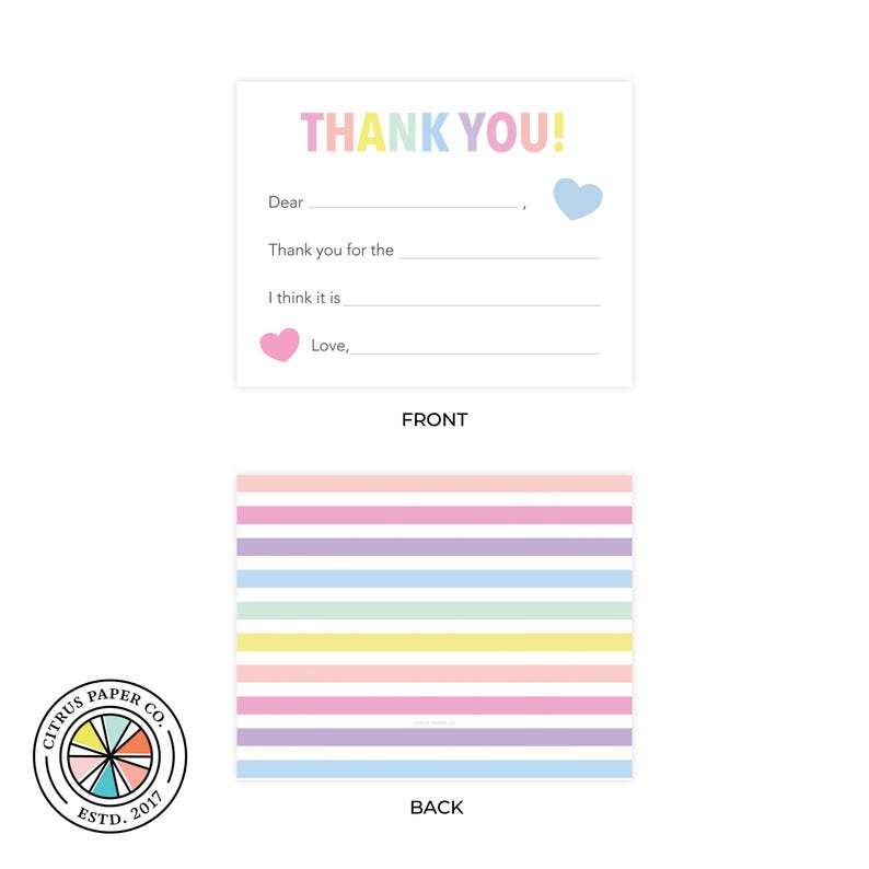 a colorful thank you card with a heart symbol, a striped background, and a logo for Citrus Paper.