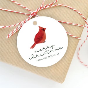 Personalized Christmas Gift Tag | Cardinal 3&quot; Round Gift Tag | Holiday Round Santa Gift Tag | Gift Tags Circle | Watercolor Cardinal Tag