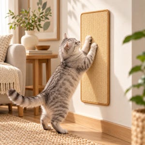 Könnte beinhalten: Ein rechteckiges, an der Wand montiertes Kratzbrett für Katzen mit einer strukturierten beigen Sisaloberfläche und einem hellbraunen Rand, das vertikal an einer Wand befestigt ist, während eine graue getigerte Katze daran kratzt.