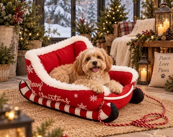 Christmas Sleigh Pet Bed, Plush Holiday Dog Sofa, Washable Winter Cat Bed
