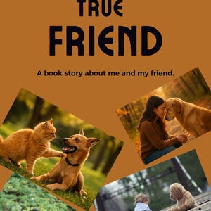 May include: A book cover with a solid brown background featuring the text ZEERINEST, TRUE FRIEND, and A book story about me and my friend. It includes four photographs showing a cat and dog, a person with a dog, a person with a poodle, and a child with a teddy bear.