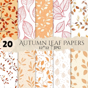 May include: A collection of 20 digital papers featuring autumn leaf patterns in shades of orange, red, and brown. The designs include various foliage illustrations on white and light orange backgrounds. Text reads 20 AUTUMN LEAF PAPERS 12*12 JPG.