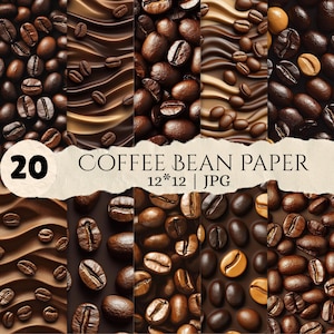 May include: A digital collection of 20 coffee bean paper backgrounds in 12x12 inch JPG format. The image displays various patterns featuring roasted coffee beans and wavy brown textures, with the text 20 COFFEE BEAN PAPER 12*12 | JPG.