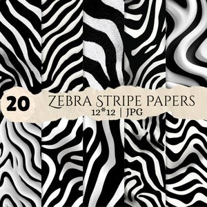Puede incluir: Una colección de 20 papeles digitales con varios patrones de rayas de cebra en blanco y negro. La imagen incluye una superposición de papel rasgado con el texto 20 ZEBRA STRIPE PAPERS 12*12 | JPG, mostrando diversos diseños de estampado animal.