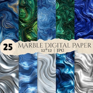 May include: A collection of 25 marble digital paper files in JPG format, each measuring 12*12 inches. The designs feature swirling patterns in shades of deep blue, emerald green, silver, and white, with some sections containing gold accents.